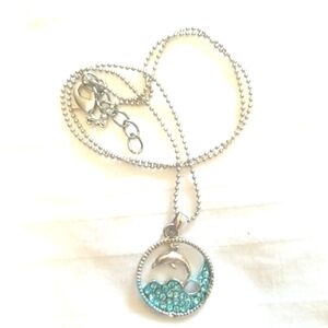 Silver Dolphin Blue Rhinestone  Necklace